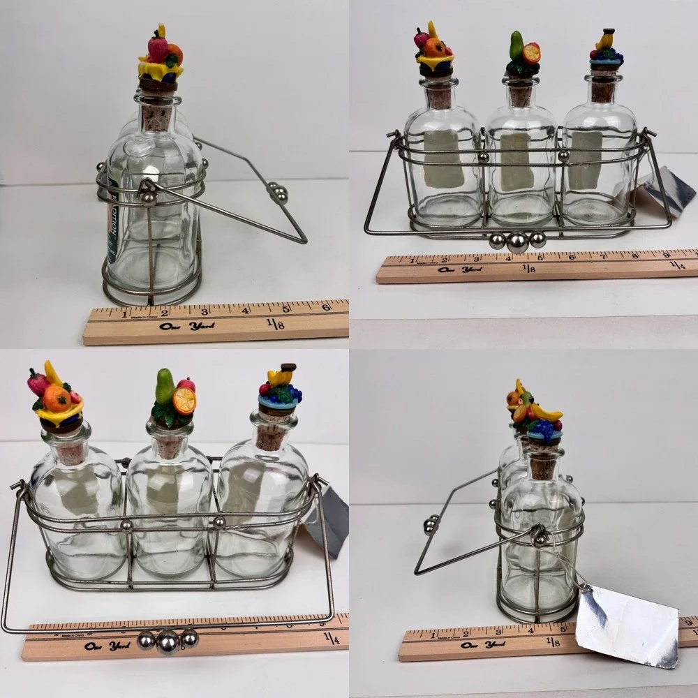 Vtg Natur 90s EMPTY Glass Bottles w Cork Fruit 3D Lid w Metal Carrier Foam Bath
